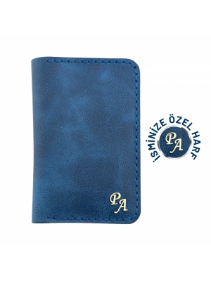 İsme Özel Dikey Mini Cüzdan - %100 Rainbow Deri - A010005 - Saks Mavisi