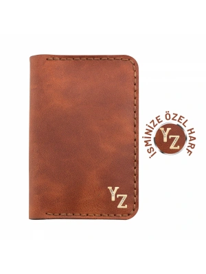 İsme Özel Dikey Mini Cüzdan - %100 Rainbow Deri - A010005 - Tobacco