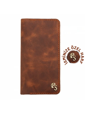 İsme Özel Dikey Uzun Cüzdan - %100 Rainbow Deri - A010007 - Kahverengi