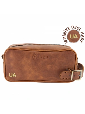 İsme Özel Dopp Kit Kişisel Bakım ve Seyahat Çantası - %100 Rainbow Deri - AC14004 - Kahverengi