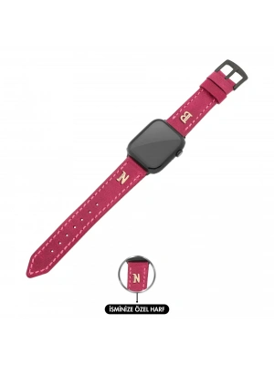 İsme Özel El Dikişli Apple Watch Saat Kordonu - %100 Çift Kat Deri - AG03001 - Fuşya