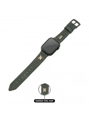 İsme Özel El Dikişli Apple Watch Saat Kordonu - %100 Çift Kat Deri - AG03001 - Haki