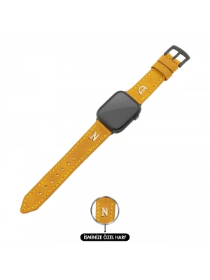 İsme Özel El Dikişli Apple Watch Saat Kordonu - %100 Çift Kat Deri - AG03001 - Hardal Sarısı