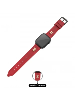 İsme Özel El Dikişli Apple Watch Saat Kordonu - %100 Çift Kat Deri - AG03001 - Kırmızı