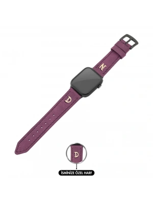 İsme Özel El Dikişli Apple Watch Saat Kordonu - %100 Çift Kat Deri - AG03001 - Mor