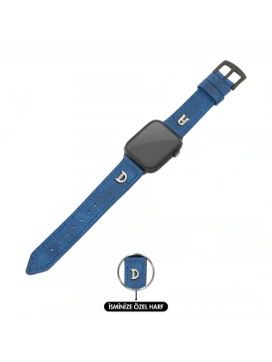 İsme Özel El Dikişli Apple Watch Saat Kordonu - %100 Çift Kat Deri - AG03001 - Saks Mavisi