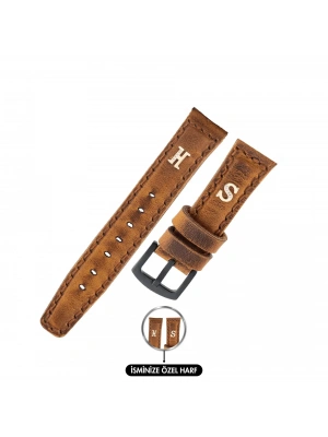 İsme Özel El Dikişli Saat Kordonu - %100 Crazy Deri - AG03002 - Taba