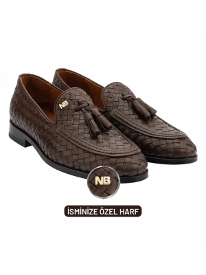 İsme Özel El Örgüsü Kösele Erkek Ayakkabı - %100 Hakiki Deri - Gümüş Konseptli- AA01010 - Kahverengi