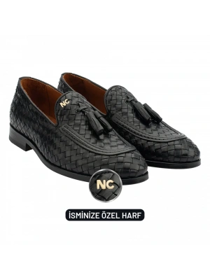 İsme Özel El Örgüsü Kösele Erkek Ayakkabı - %100 Hakiki Deri - Gümüş Konseptli - AA01010 - Siyah