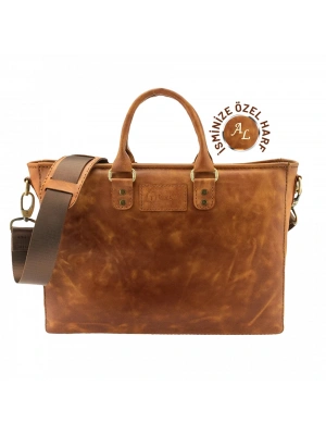 İsme Özel Günlük Kullanım El Omuz Evrak Laptop Çantası - %100 Deri - AC09004 - Camel