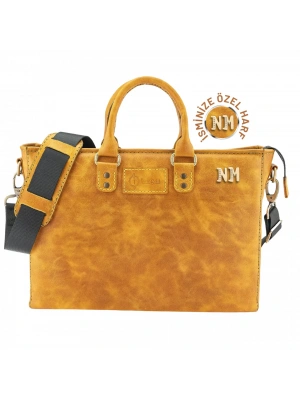 İsme Özel Günlük Kullanım El Omuz Evrak Laptop Çantası - %100 Deri - AC09004 - Hardal Sarısı
