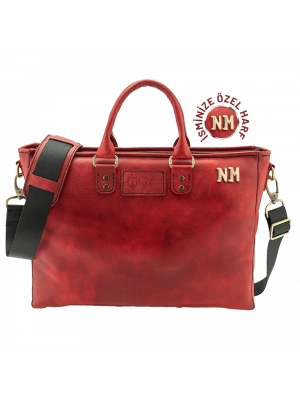 İsme Özel Günlük Kullanım El Omuz Evrak Laptop Çantası - %100 Deri - AC09004 - Kırmızı