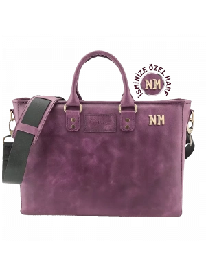 İsme Özel Günlük Kullanım El Omuz Evrak Laptop Çantası - %100 Deri - AC09004 - Mor