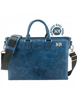 İsme Özel Günlük Kullanım El Omuz Evrak Laptop Çantası - %100 Deri - AC09004 - Saks Mavisi