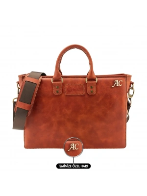 İsme Özel Günlük Kullanım El Omuz Evrak Laptop Çantası - %100 Deri - AC09004 - Tobacco