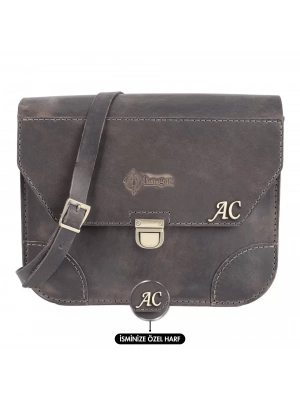 İsme Özel Günlük Orta Boy Omuz Çantası - %100 Crazy Deri - AC03002 - Antrasit