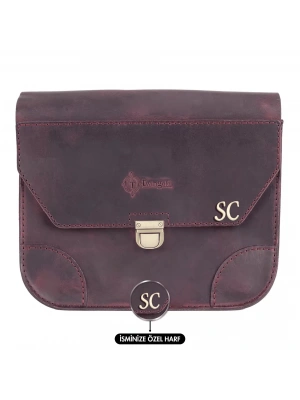 İsme Özel Günlük Orta Boy Omuz Çantası - %100 Crazy Deri - AC03002 - Bordo