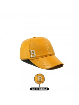 İsme Özel Kep Şapka - %100 Deri - AB01012 - Sarı