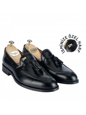 İsme Özel Loafer Erkek Ayakkabı - %100 Hakiki Açma Deri - Altın Harf - AA01003 - Siyah