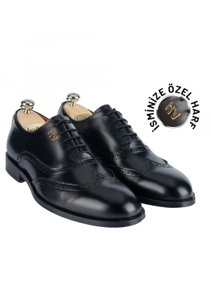 İsme Özel Oxford Erkek Ayakkabı - %100 Hakiki Açma Deri - Altın Harf - AA01004 - Siyah