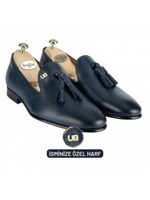 İsme Özel Püsküllü Kösele Erkek Ayakkabı - %100 Hakiki Antik Deri - Altın Harf - AA01008 - Lacivert