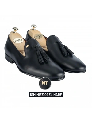 İsme Özel Püsküllü Kösele Erkek Ayakkabı - %100 Hakiki Antik Deri - Altın Harf - AA01008 - Siyah