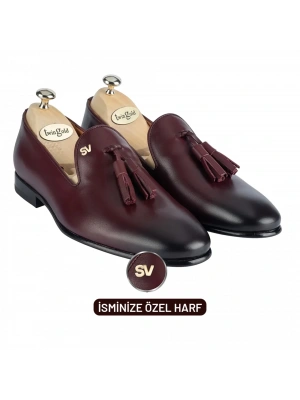 İsme Özel Püsküllü Kösele Erkek Ayakkabı - %100 Hakiki Antik Deri - Gümüş Konseptli - AA01013 - Bordo