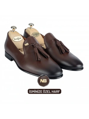 İsme Özel Püsküllü Kösele Erkek Ayakkabı - %100 Hakiki Antik Deri - Gümüş Konseptli - AA01013 - Kahverengi