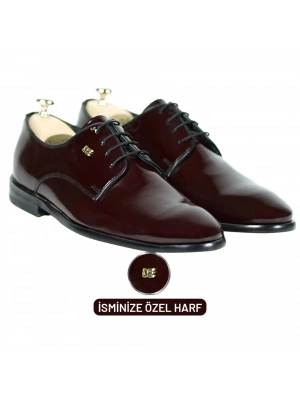 İsme Özel Rugan Bağcıklı Kösele Erkek Ayakkabı - %100 Hakiki Deri - Altın Harf - AA01006 - Bordo