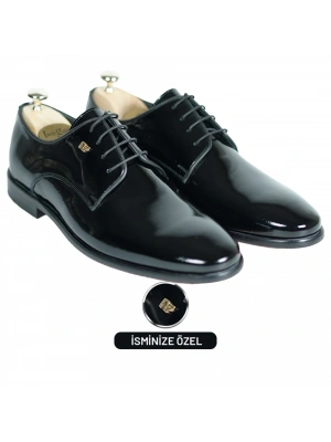 İsme Özel Rugan Bağcıklı Kösele Erkek Ayakkabı - %100 Hakiki Deri - Altın Harf - AA01006 - Siyah