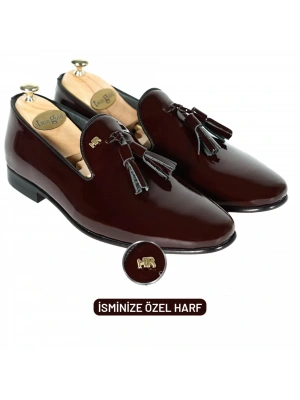 İsme Özel Rugan Püsküllü Kösele Erkek Ayakkabı - %100 Hakiki Deri - Altın Harf - AA01007 - Bordo