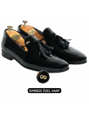 İsme Özel Rugan Püsküllü Kösele Erkek Ayakkabı - %100 Hakiki Deri - Gümüş Konseptli - AA01015 - Siyah