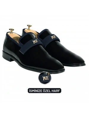 İsme Özel Smokin Salon Erkek Ayakkabısı - %100 Hakiki Deri - Gümüş Konseptli - AA01016 - Lacivert