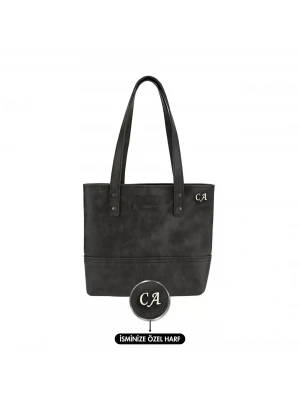 İsme Özel Tote Bag El Omuz Çantası - %100 Rainbow Deri - AC03003 - Antrasit