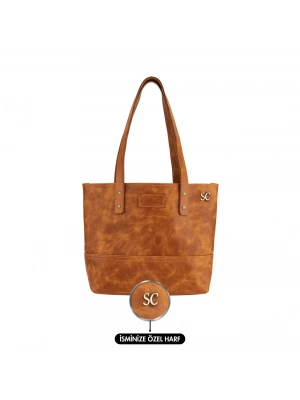 İsme Özel Tote Bag El Omuz Çantası - %100 Rainbow Deri - AC03003 - Camel