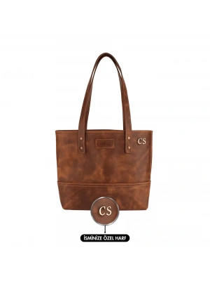 İsme Özel Tote Bag El Omuz Çantası - %100 Rainbow Deri - AC03003 - Kahverengi