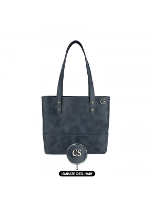 İsme Özel Tote Bag El Omuz Çantası - %100 Rainbow Deri - AC03003 - Lacivert