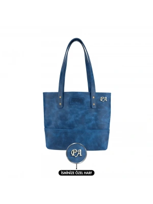 İsme Özel Tote Bag El Omuz Çantası - %100 Rainbow Deri - AC03003 - Saks Mavisi