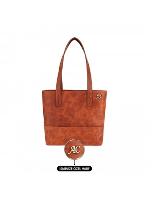 İsme Özel Tote Bag El Omuz Çantası - %100 Rainbow Deri - AC03003 - Tobacco