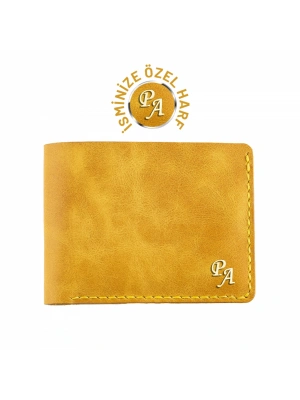 İsme Özel Yatay Klasik Cüzdan - %100 Rainbow Deri - A010001 - Hardal Sarısı
