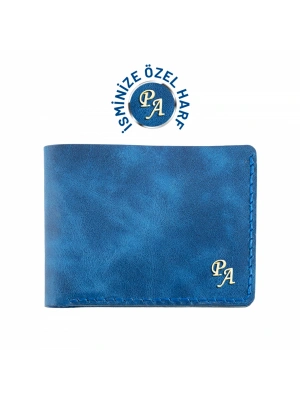 İsme Özel Yatay Klasik Cüzdan - %100 Rainbow Deri - A010001 - Saks Mavisi