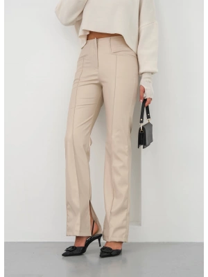 İspanyol yırtmaçlı paça deri pantolon bej hn