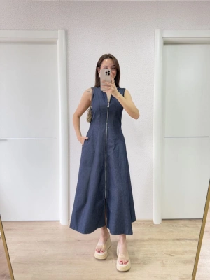 Jeans Kot Önü Tam Fermuarlı Kadın Uzun Elbise - Mavi