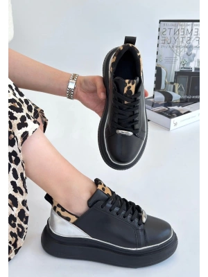 Jista Siyah Cilt Gümüş Detaylı Bağcıklı Spor Ayakkabı