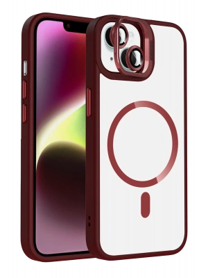 Joko Apple iPhone 14 Remim Lensli Magsafe Standlı Kapak - Bordo