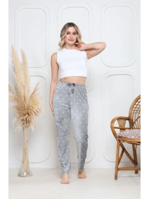 Kadife pijama altı gri üstüne yuvarlak beyazPontiye desenli q7013