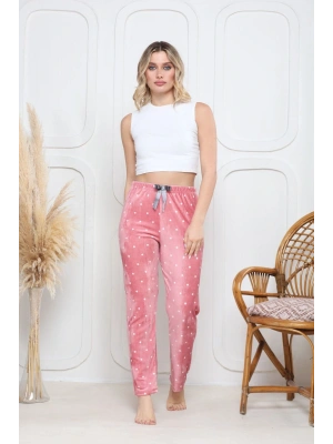 Kadife pijama altı pembe üstüne beyaz kalpli Pontiye desenli q7013