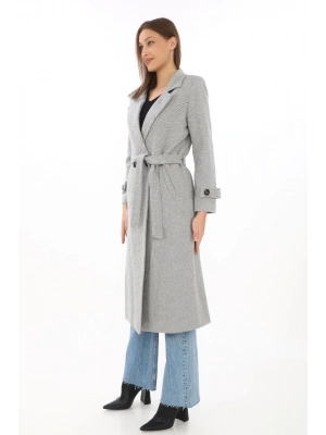 Kadın Balık Sırtı Kaşe Kaban – Uzun Boy Kruvaze Yaka Kuşaklı Astarlı Kışlık Tesettür Kaban, Yünlü Dokuma Kaşmir Kumaş, Cepli Rahat Oversize Kalıp Şık Modern Kaban Mont Modeli (Günlük ve Özel Gün Kombinlerine Uygun) - Gri