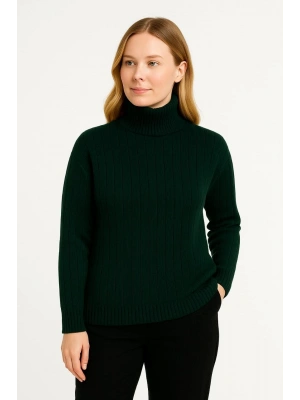 Kadın Balıkcı Yaka Bağazlı Triko Kazak Pamuklu Kalın Fitilli Dokuma - Haki