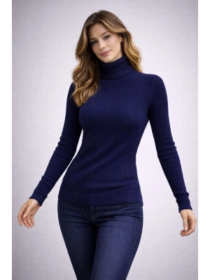 Kadın Balıkcı Yaka Bağazlı Triko Kazak Pamuklu Kalın Fitilli Dokuma - Lacivert